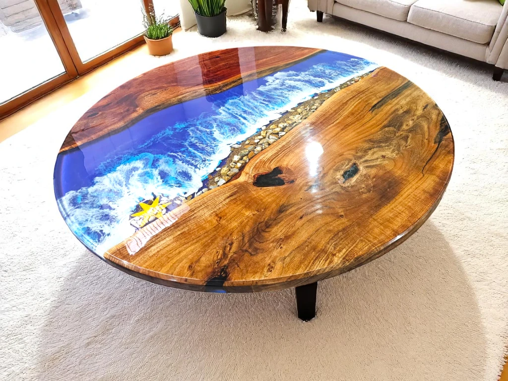 Round Epoxy Ocean Table – Handmade Coastal Theme Decor